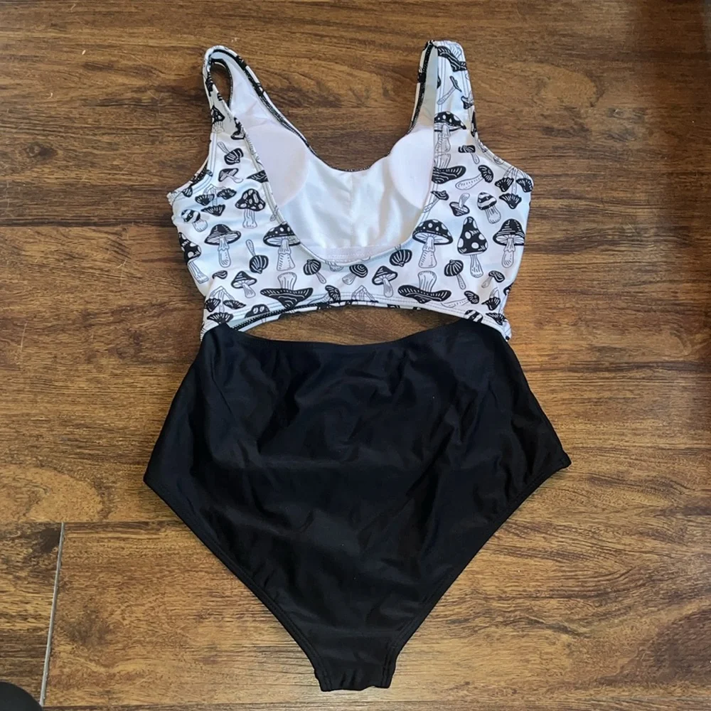 Black and White Mushroom Print one piece suit - Picture 2 of 2